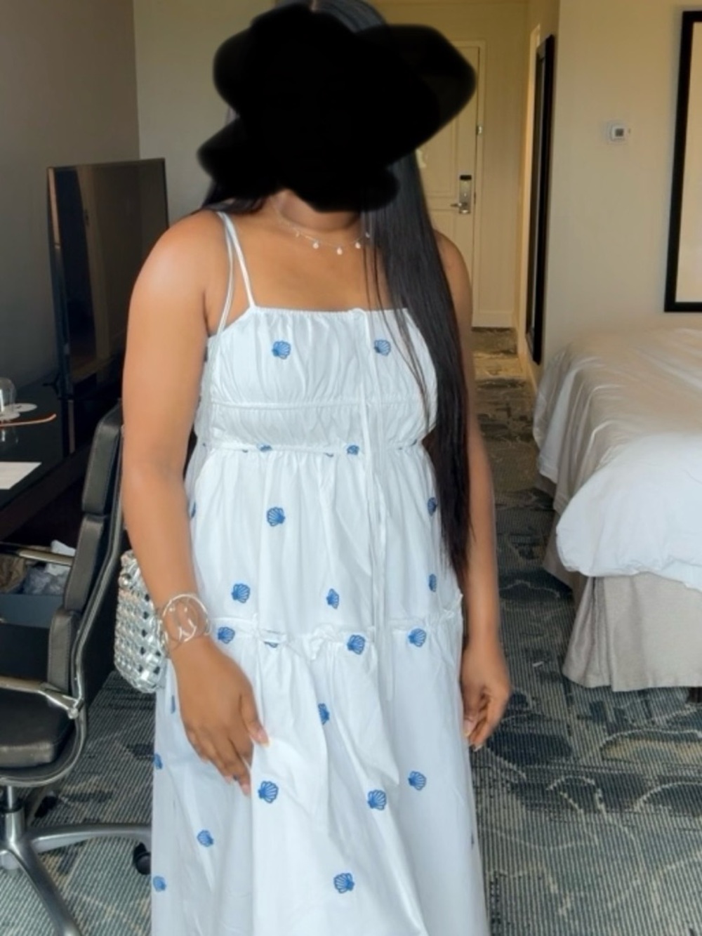 White Tiered Midi Dress with Blue Embroidery